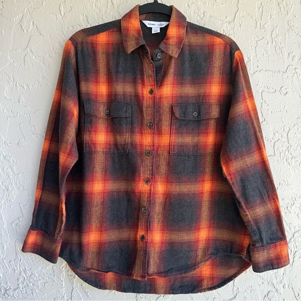 OLD NAVY Flannel Shirt Women Small Plaid Swiftie Evermore Orange Black
